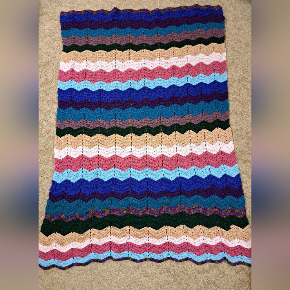 Colorful Chevron Knit Afghan 53x72 Inches